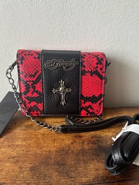 Ed Hardy Red Snakeskin Embossed Mini Crossbody Bag with Metal Logo & Cross NWT
